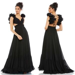Mac Duggal Black Ruffle Sleeve Maxi Dress